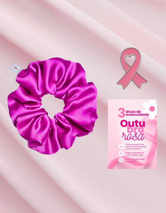 Kit Outubro Rosa - Scrunchie Rosa Pink + Broche + Folder Informativo