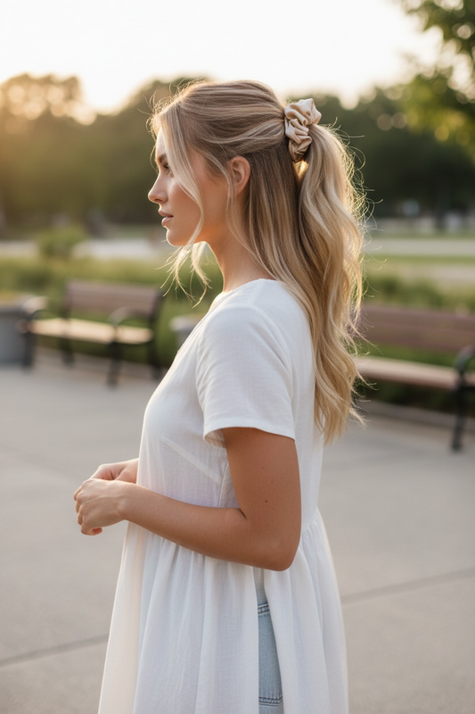 Pérola Line - Scrunchie de Seda Creme Listrado